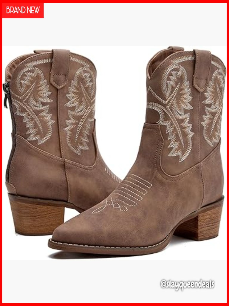 Western Cowboy Boots Women's Embroidered Pointed Toe Pull-On Chunky Heel